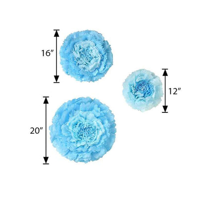 Set of 6 Aqua Blue Giant Carnation 3D Paper Flowers Wall Decor - 12",16",20"