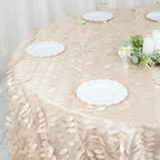 Taffeta 132" Round Tablecloth Beige | 3D Leaf Petal Design Seamless Table Cover