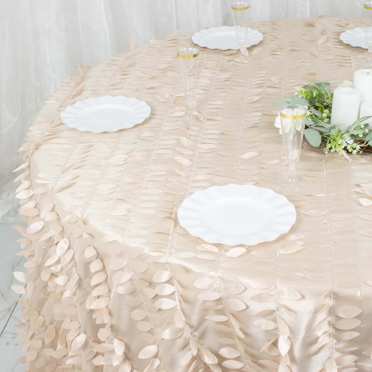 Taffeta 132" Round Tablecloth Beige | 3D Leaf Petal Design Seamless Table Cover