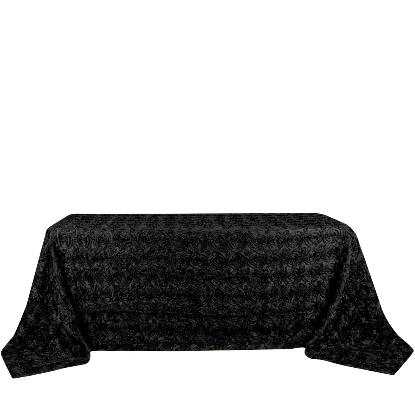 Satin 90"x132" Rectangle Tablecloth Black - Grandiose 3D Rosette Design with Seamless Finish for Graceful Gatherings