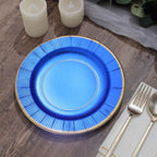 25-Pack Paper 8" Round Dessert Plates in Royal Blue Sunray Design with Gold Rim - Disposable Heavy Duty 350GSM Appetizer Salad Plates