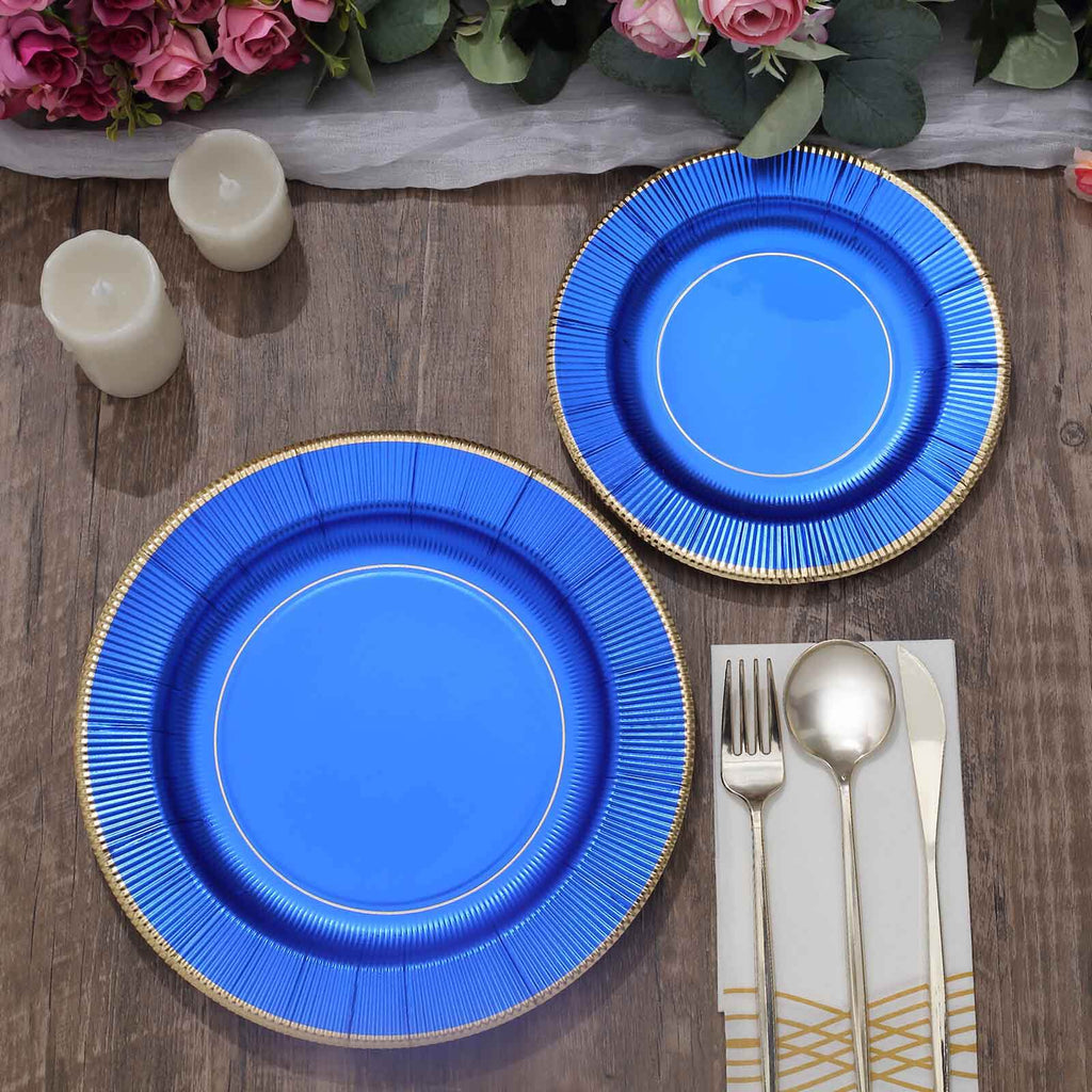 25-Pack Paper 10" Round Dinner Plates in Royal Blue Sunray Design with Gold Rim - Disposable Heavy Duty 350GSM Party Plates