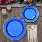 25-Pack Paper 10" Round Dinner Plates in Royal Blue Sunray Design with Gold Rim - Disposable Heavy Duty 350GSM Party Plates