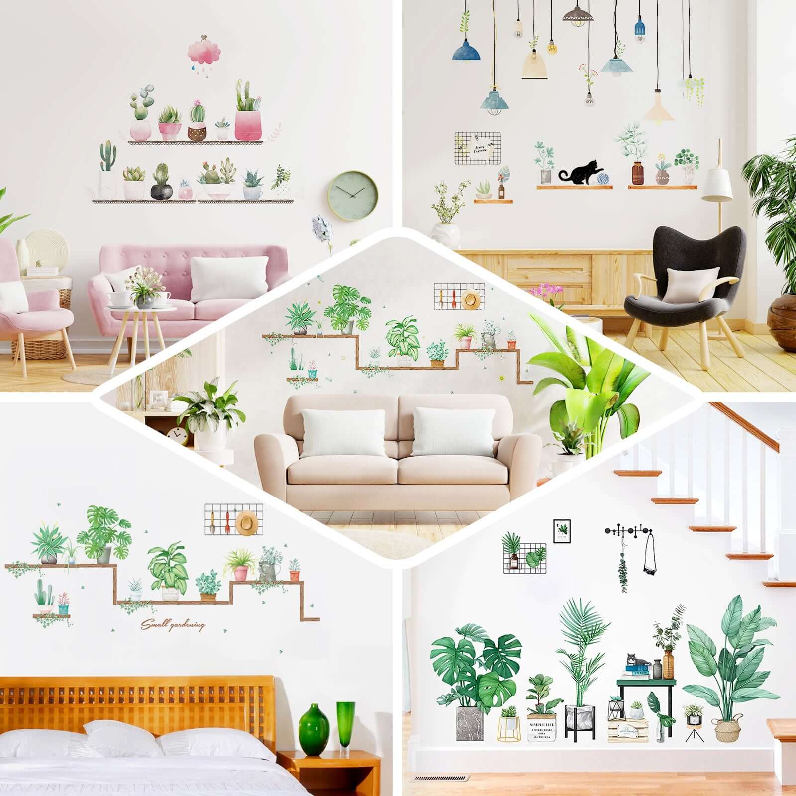 Succulent Potted Plants on Shelf Wall Decals, Peel and Stick Decor Stickers