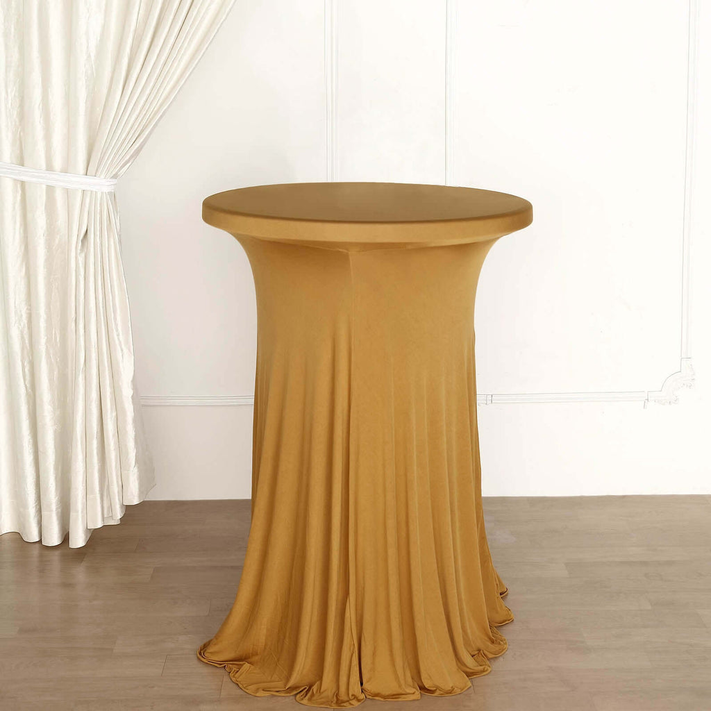 Spandex 30" Round Cocktail Table Cover Skirt Gold With Natural Wavy Drapes