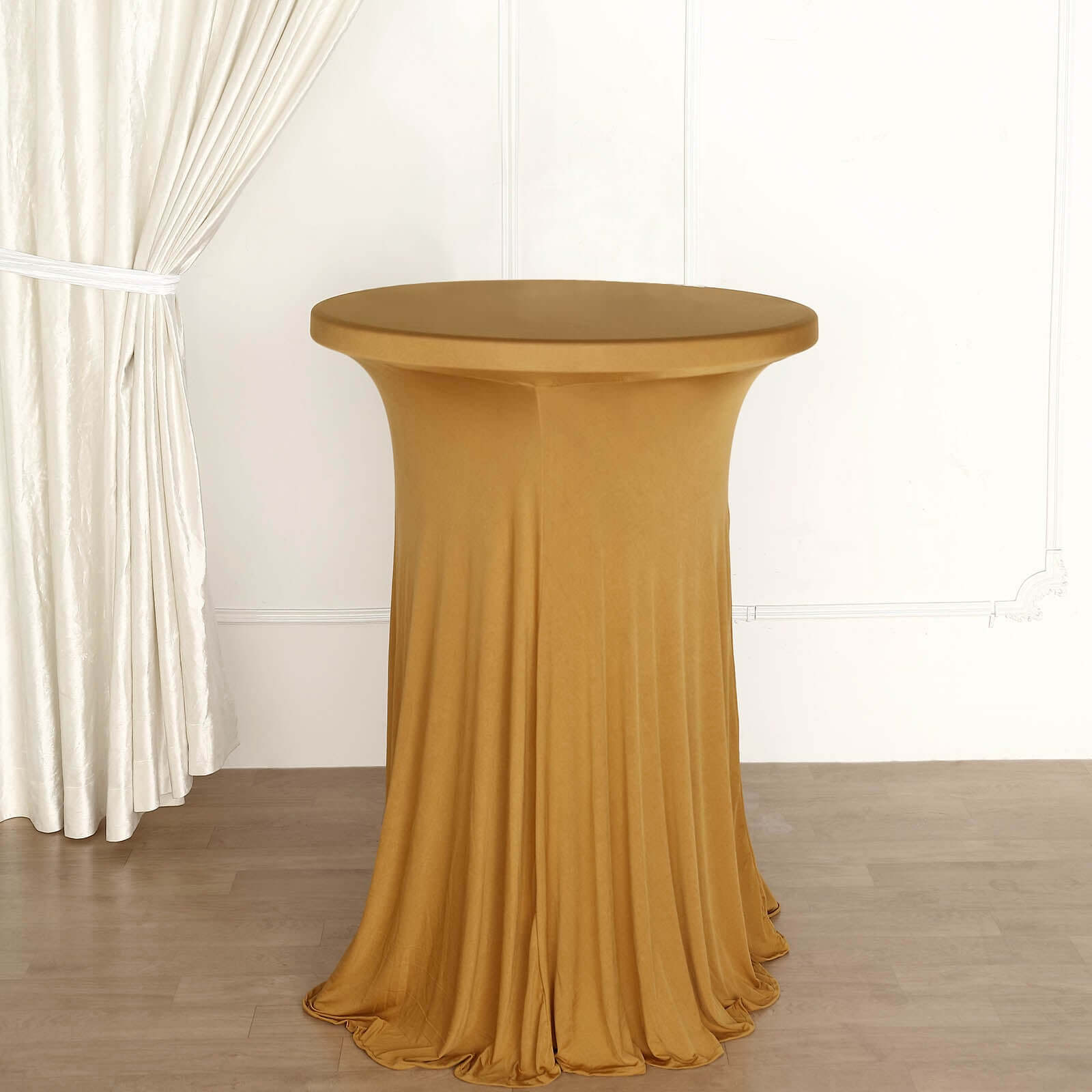 Spandex 30" Round Cocktail Table Cover Skirt Gold With Natural Wavy Drapes