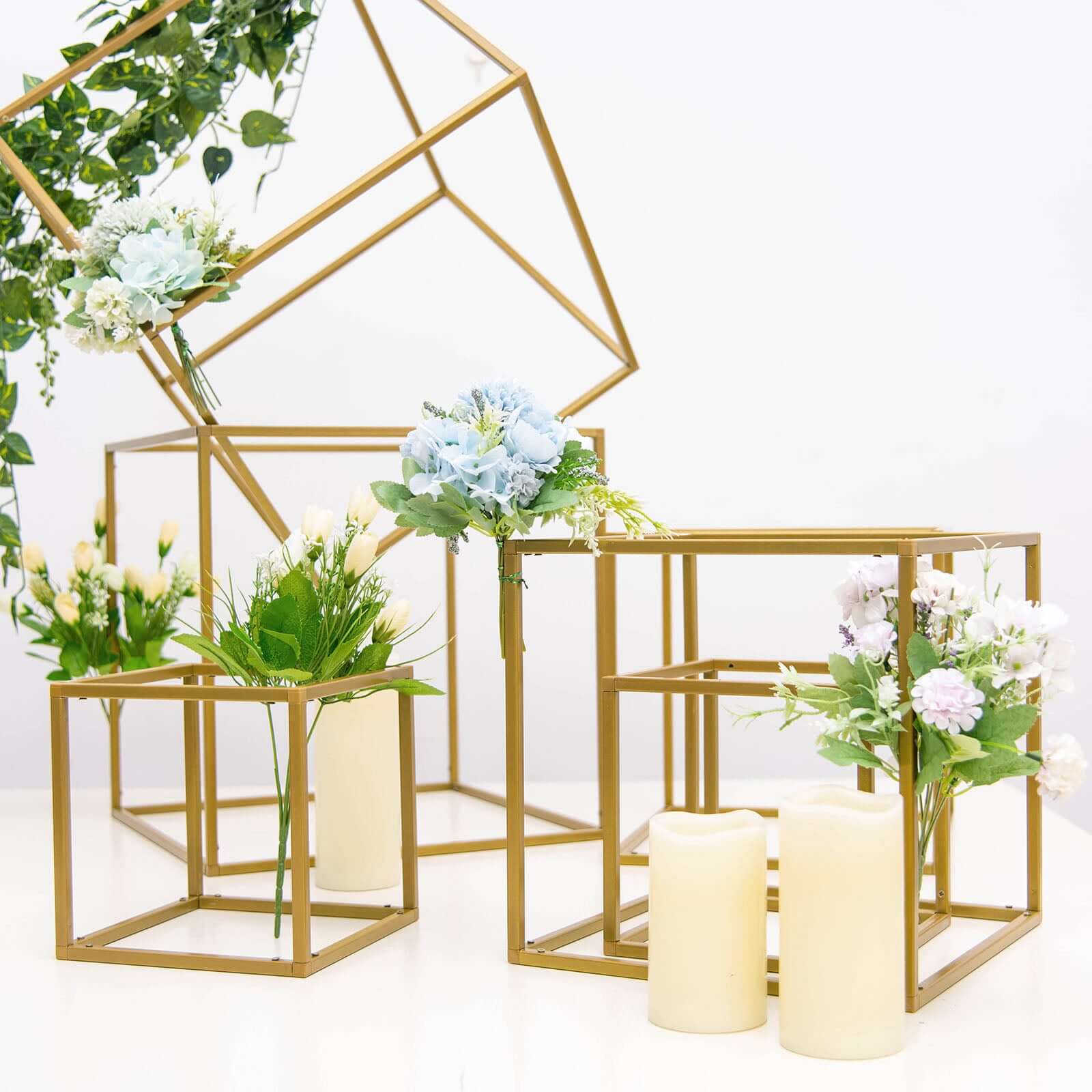 2-Pack Metal Flower Stands Gold Geometric Wedding Centerpieces Square Frame - Compact Design 8"