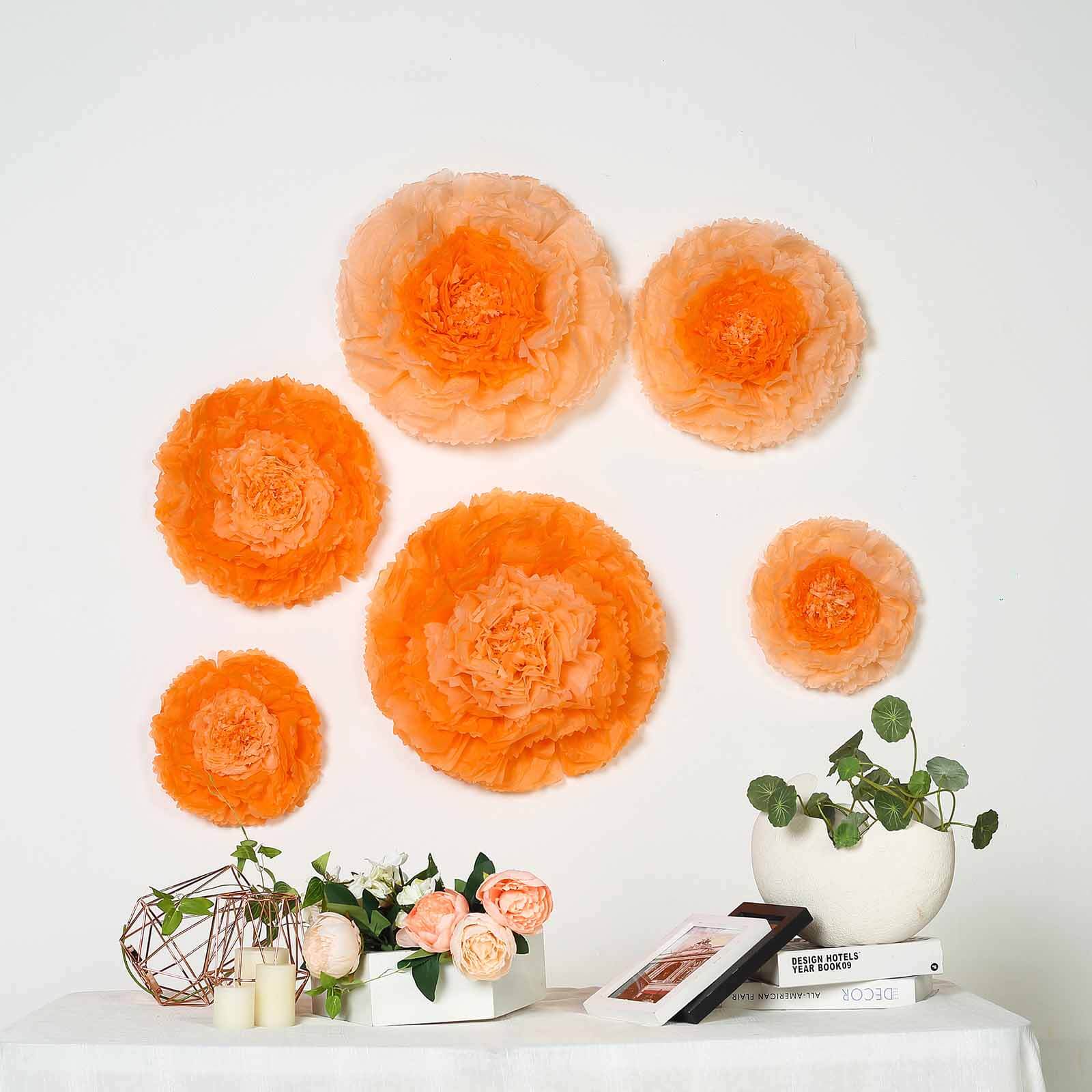Set of 6 Coral Orange Carnation 3D Paper Flowers Wall Decor - 7",9",11"