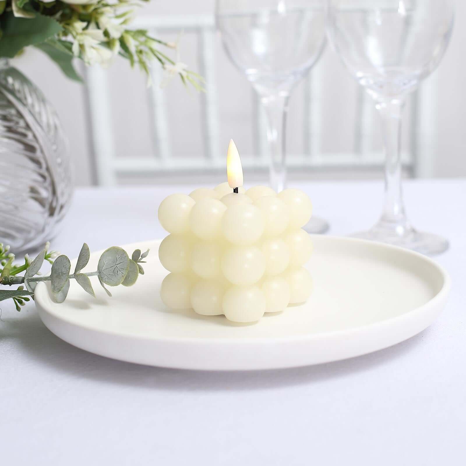 2-Pack LED Flameless Cube Candles Flickering Warm White Ivory - Battery Operated Bubble Design 2"