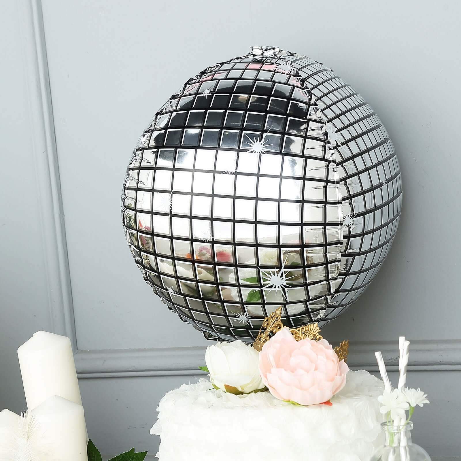 15" Mirrored Silver Disco Ball Mylar Reusable Foil Helium Air Balloon
