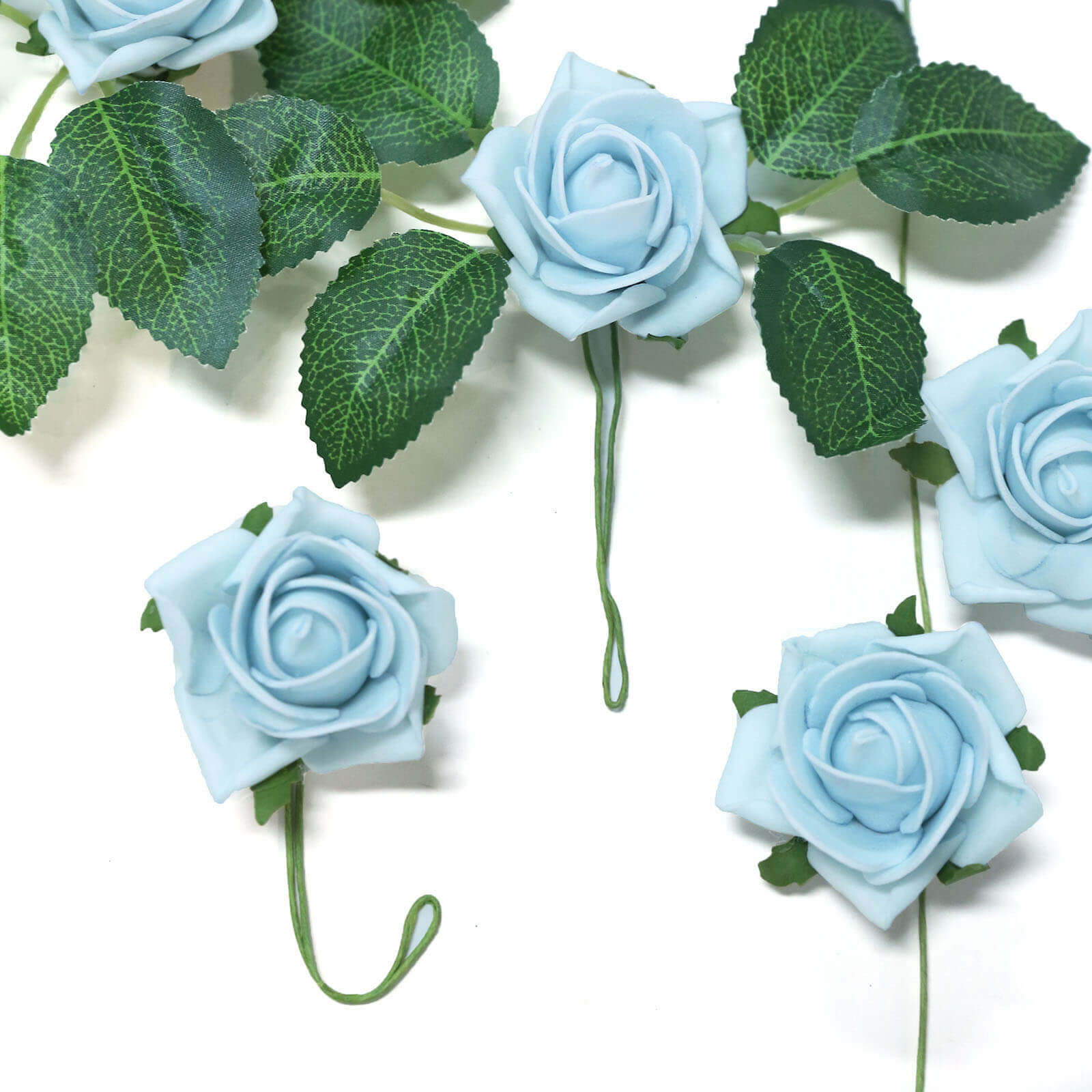 24 Roses 2" Dusty Blue Artificial Foam Flowers With Stem Wire and Leaves