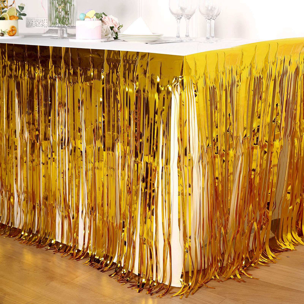 Metallic Foil Fringe Table Skirt Gold with Self Adhesive Backing - Durable Tinsel Skirt for Parties 30"x9ft