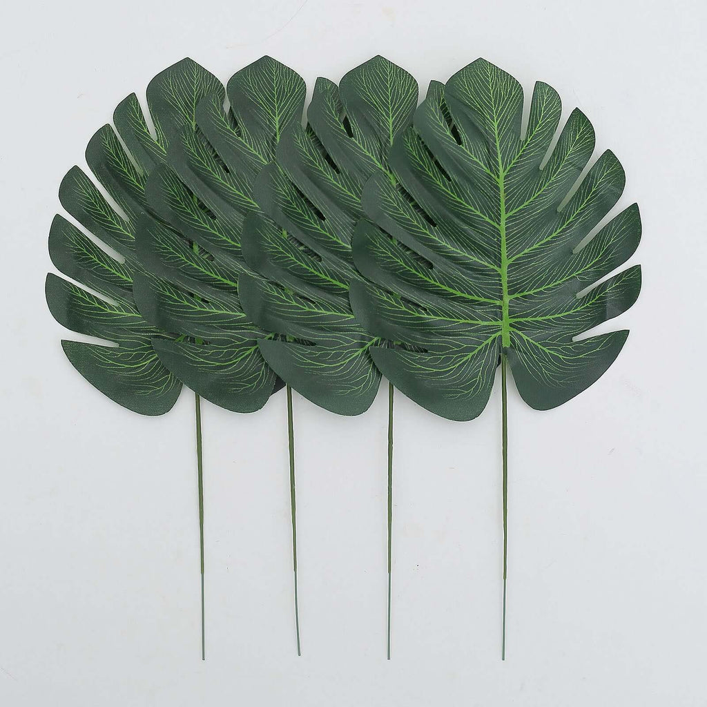 28 Pack Green And Gold Silk Tropical Monstera Palm Leaves, Assorted Artificial Jungle Theme Branches