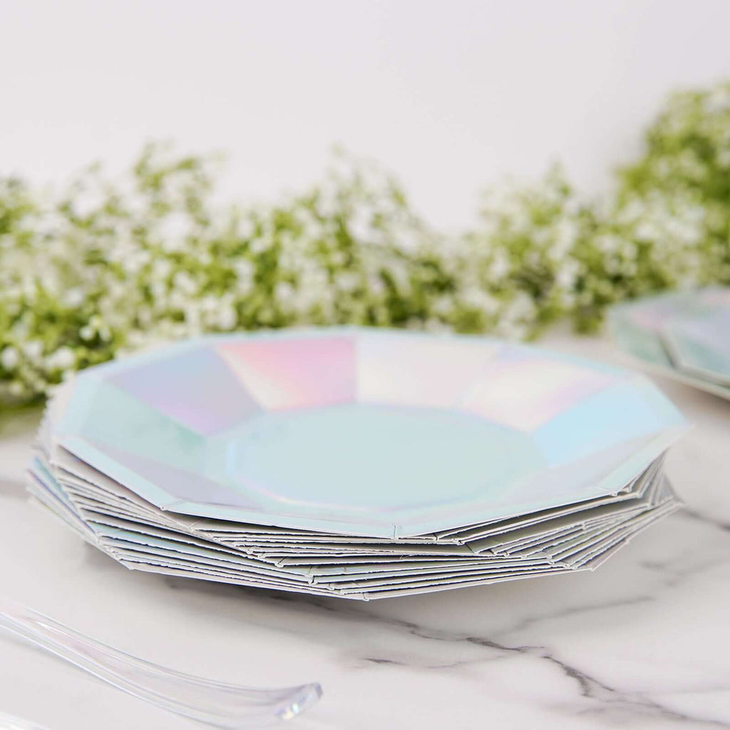 25-Pack Paper 7.5" Decagon Dessert Plates in Iridescent - Disposable Holographic Salad Plates for Starry Night & Fairytale Parties