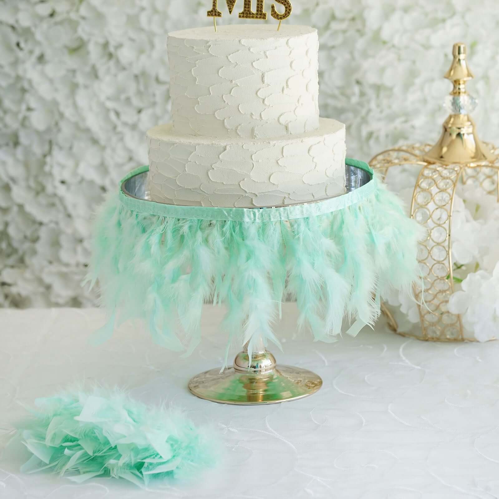 39" Mint Real Turkey Feather Fringe Trim With Satin Ribbon Tape