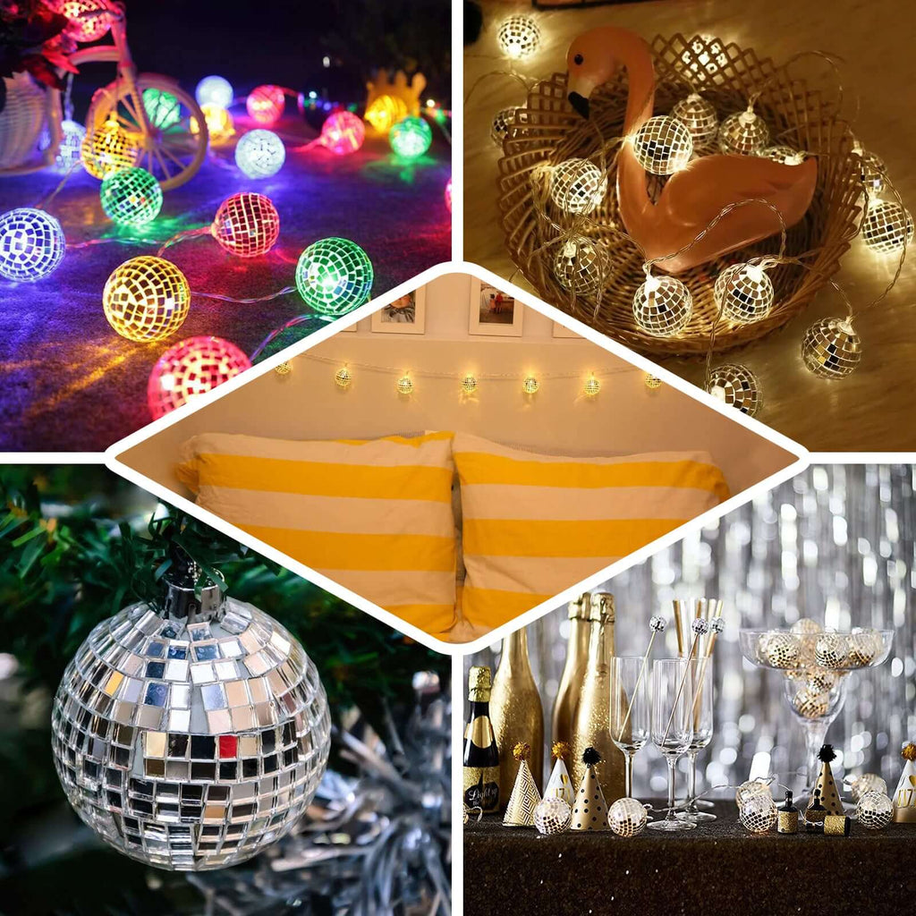 10 LED String Light Garland Silver Disco Mirror Ball Warm White - Battery Operated Event DÃ©cor 6ft