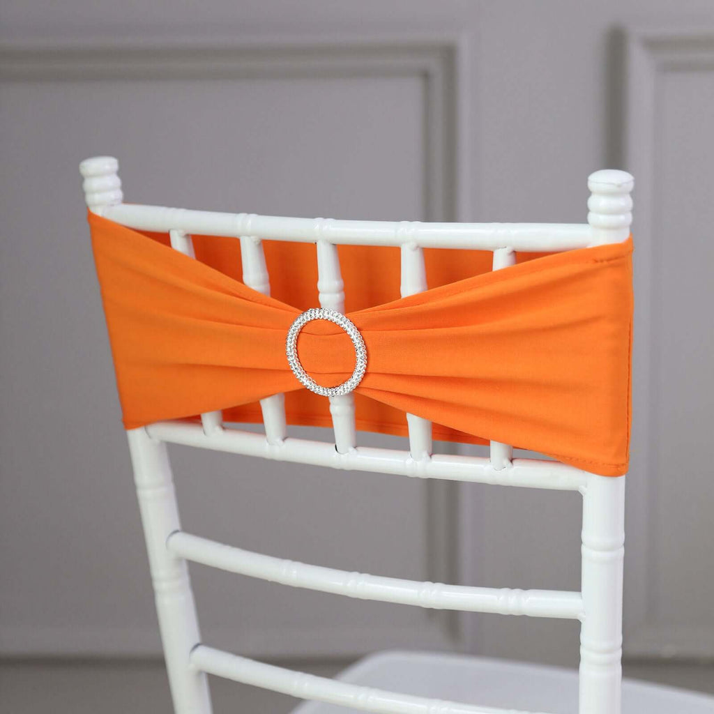 5 Pack Stretch Spandex Chair Sashes Orange - Reusable Chair Bands with Silver Diamond Ring Slide Buckle 5"x14"