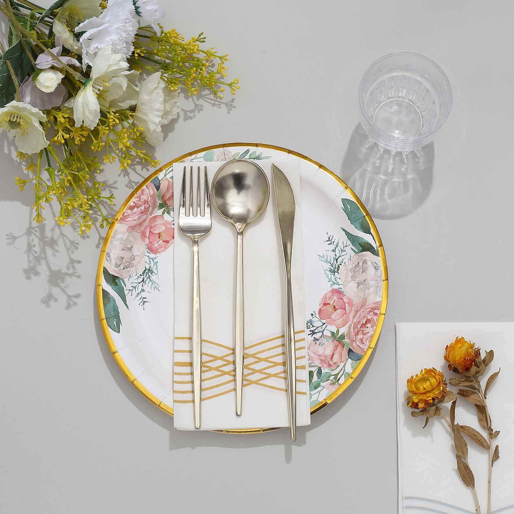 25-Pack Paper 9" Round Dinner Plates White with Peony Floral Design & Gold Rim - Disposable Floral Party Plates for Brunches & Afternoon Teas