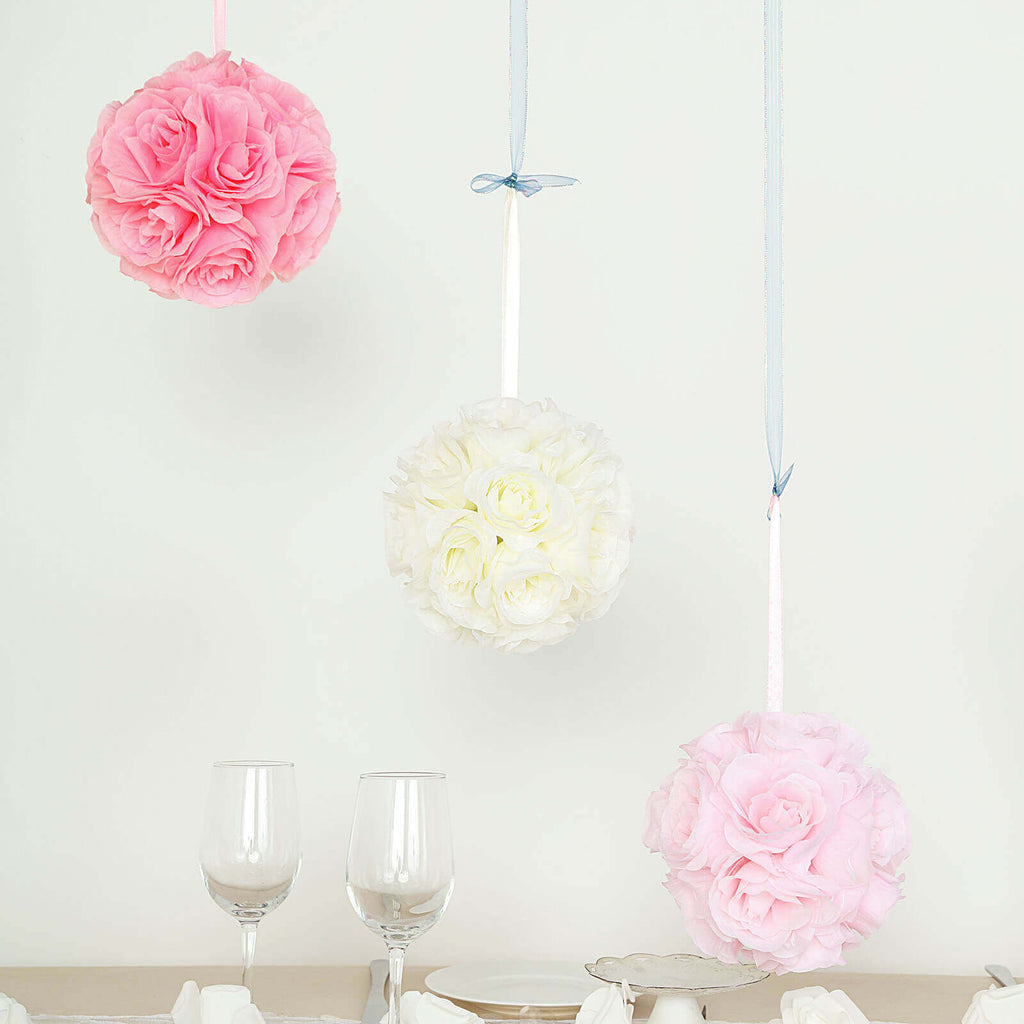 2 Pack 7" Pink Artificial Silk Rose Kissing Ball, Faux Flower Ball