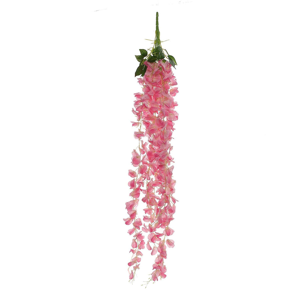 42" Silk Hanging Wisteria Flower Garland Vines in Pink, Elaborated 5 Full Strands in 1 Bush