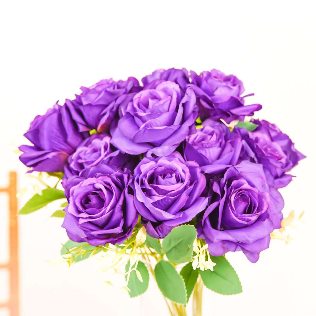 2 Bushes 18" Real Touch Purple Artificial Rose Flower Bouquet, Silk Long Stem Flower Arrangements