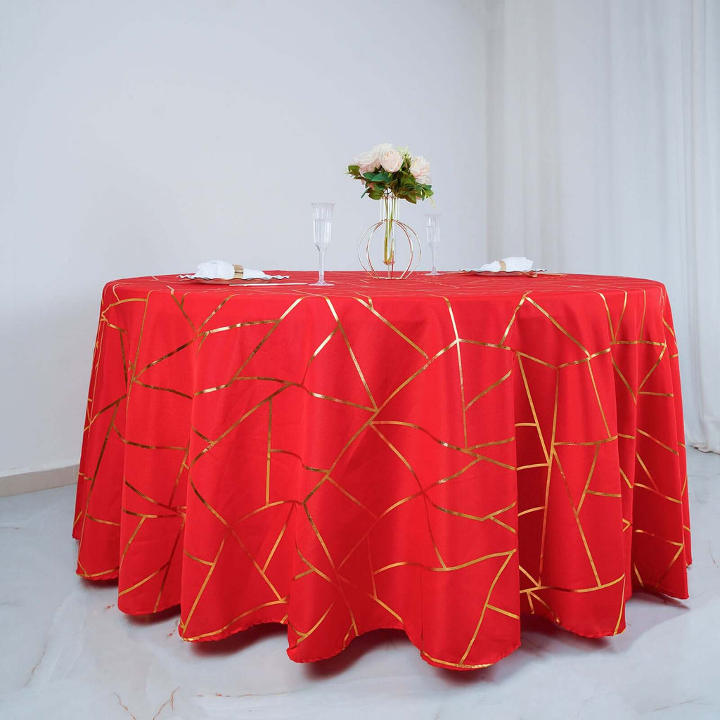 Polyester 120" Round Tablecloth Red with Gold Foil Geometric Pattern Wrinkle-Resistant Seamless Table Cover