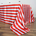 Satin 90"x132" Rectangle Tablecloth Red/White - Stripe Design with Seamless Silky Smooth Finish Table Cover