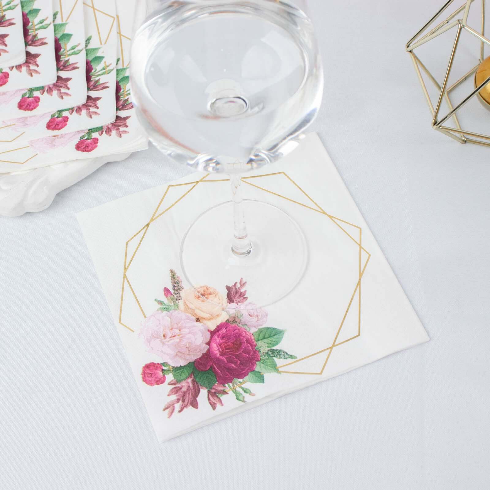 20-Pack Paper Napkins White with Gold Hexagon Frame & Floral Print 6.5"
