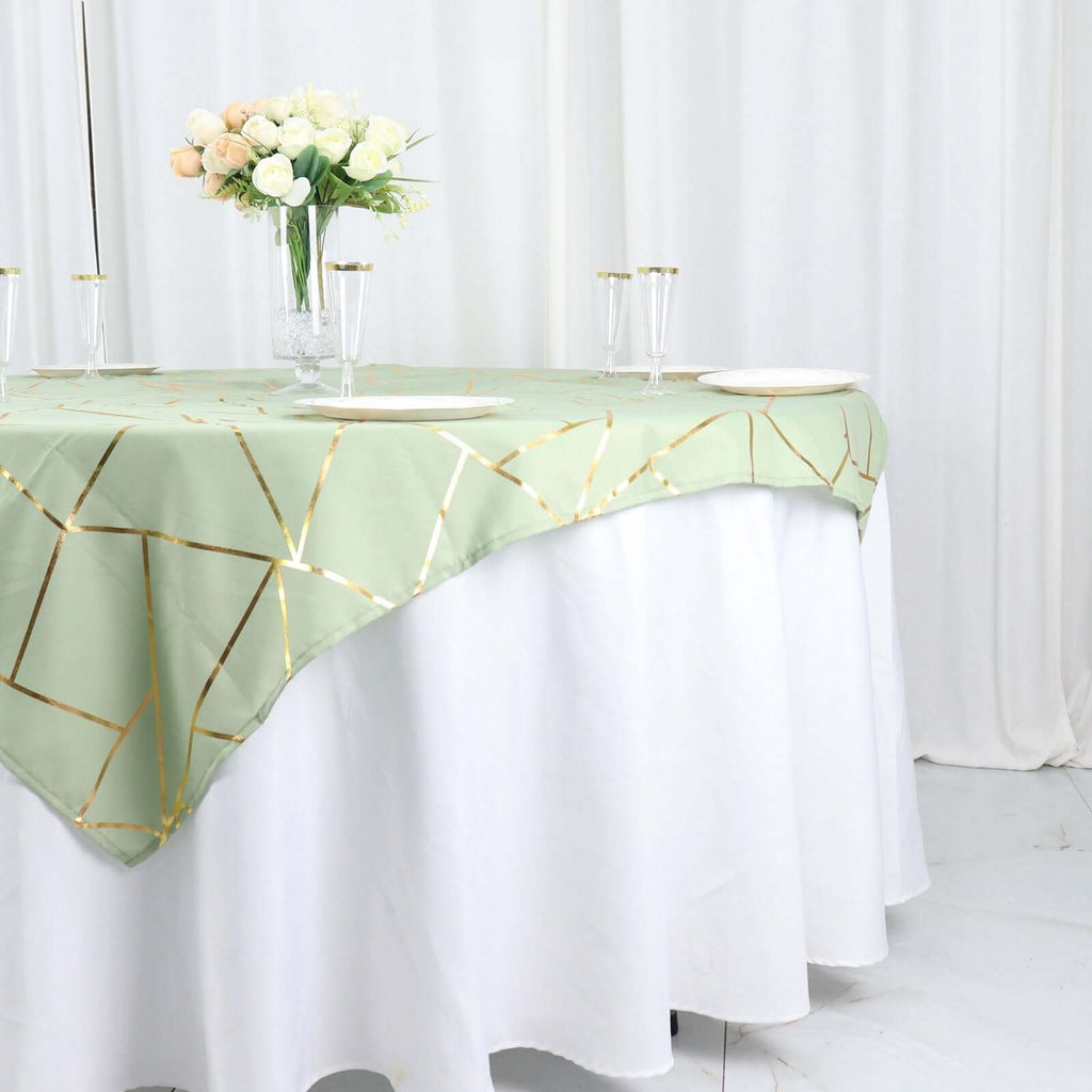 Polyester 54"x54" Table Overlay Square Tablecloth Sage Green with Gold Foil Geometric Pattern - Wrinkle-Resistant & Durable for Stylish Settings