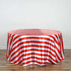 Satin 120" Round Tablecloth Red/White - Stripe Design with Seamless Silky Smooth Finish Table Cover