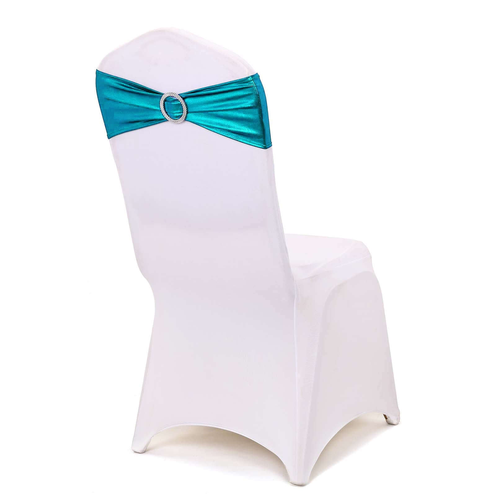 5 Pack Metallic Spandex Chair Sashes Peacock Teal - Stretch Fit Chair Bands With Round Diamond Buckles