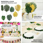 28 Pack Green And Gold Silk Tropical Monstera Palm Leaves, Assorted Artificial Jungle Theme Branches