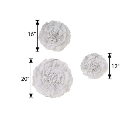 Set of 6 White Giant Carnation 3D Paper Flowers Wall Decor - 12",16",20"