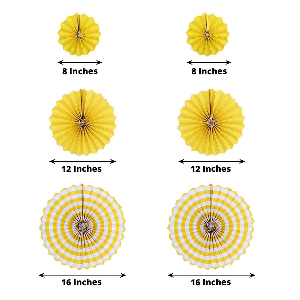 Set of 6 Yellow Hanging Paper Fan Decorations, Pinwheel Wall Backdrop Party Kit - 8", 12", 16"