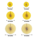 Set of 6 Yellow Hanging Paper Fan Decorations, Pinwheel Wall Backdrop Party Kit - 8", 12", 16"