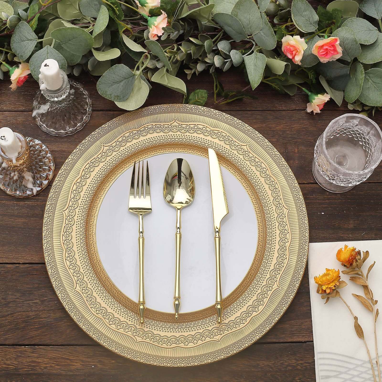 6-Pack Acrylic Round Charger Plates 13" in Gold with Lace Embossed Rim, Rustic Plastic Decorative Charger Tableware