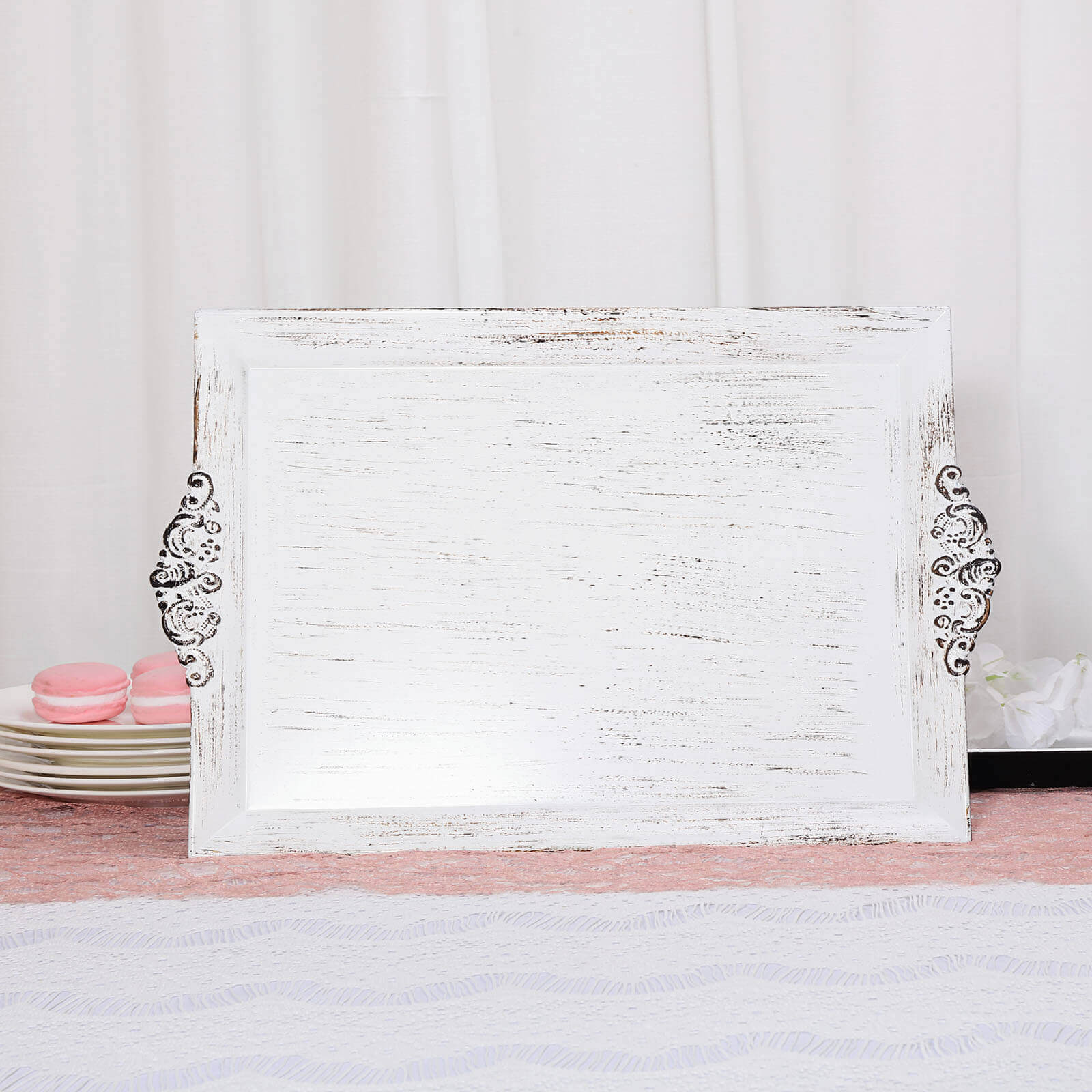 2-Pack Acrylic Rectangle Serving Trays 14"x10" in White Wash with Embossed Handles, Antique Decorative Dinner Party Food Platters