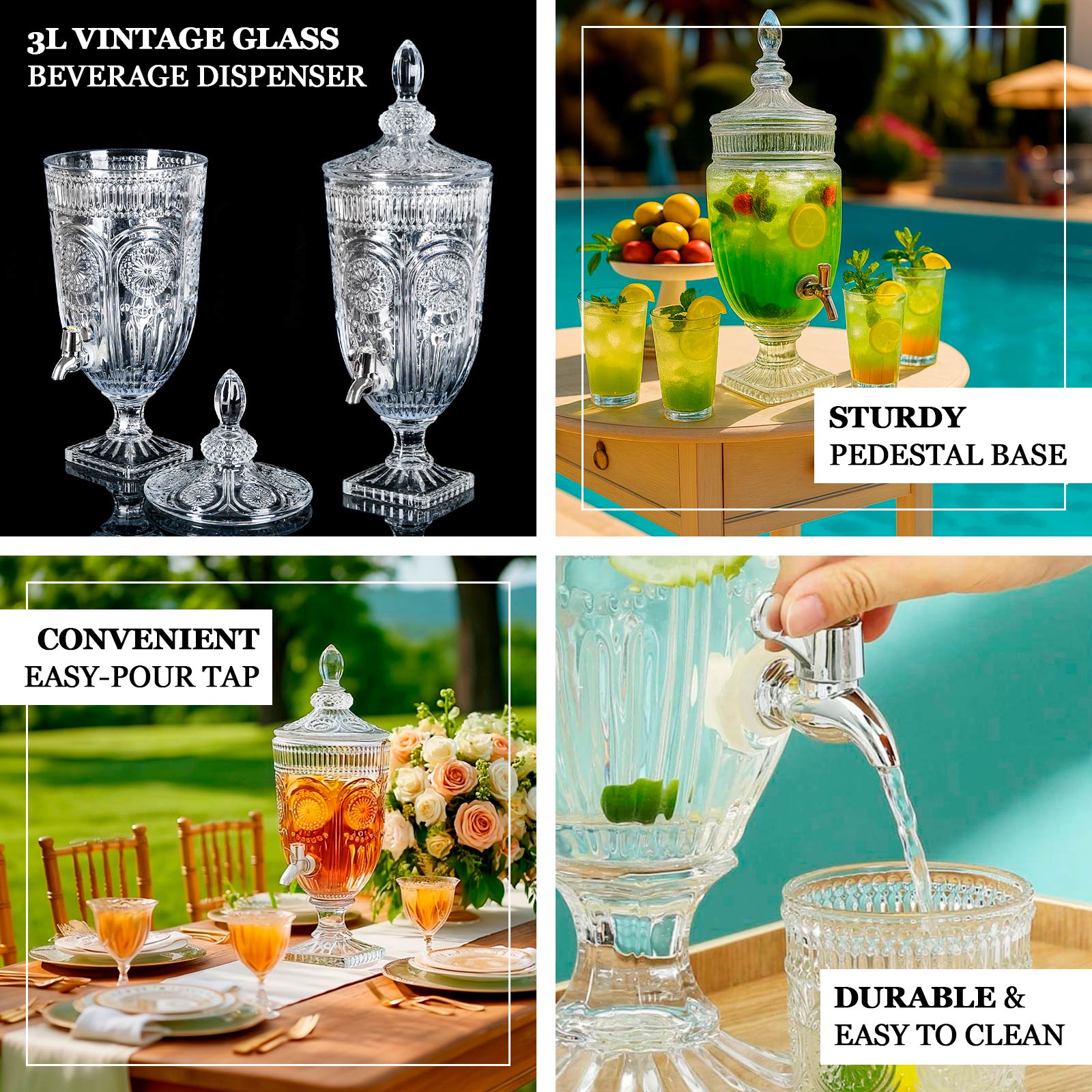 Vintage Cut Crystal Glass Drink Dispenser with Lid & Spigot â€“ Tall Beverage Server, Vertical Panel & Floral Design, 3L - Bell Racket Store