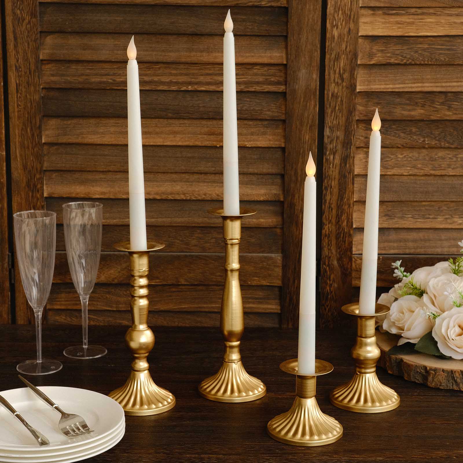 Set of 4 Taper Candle Holders Gold Baroque Metal Vintage Design - Wedding Centerpieces Decorative Stands 3", 5", 8", 9"