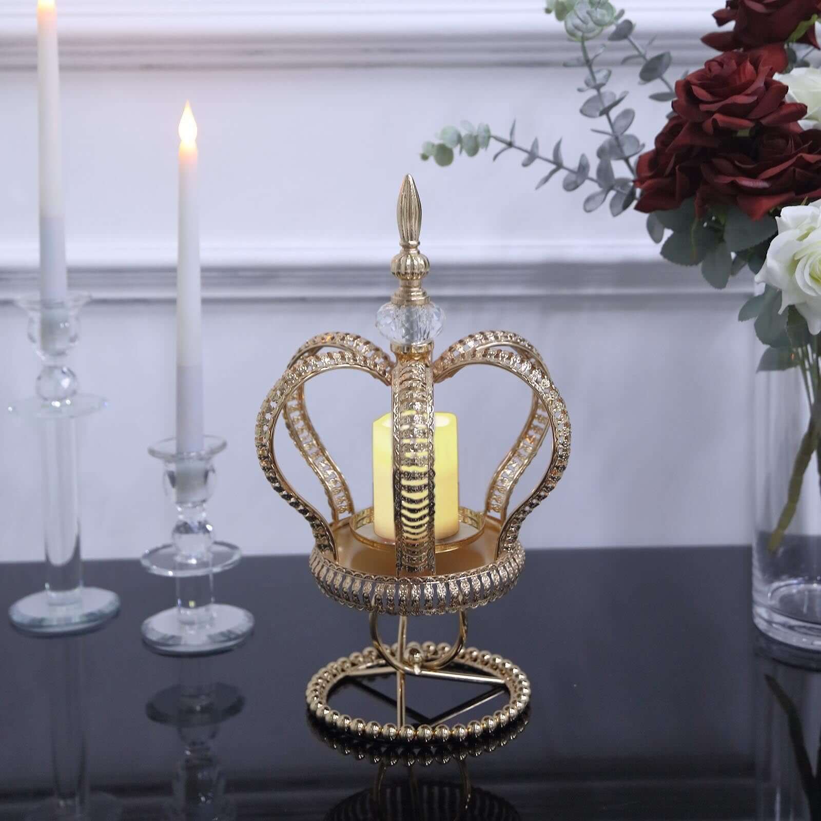 Metal Crown Spiral Pillar Candle Holder Stand Gold - Jeweled Votive Candle Centerpiece 13"