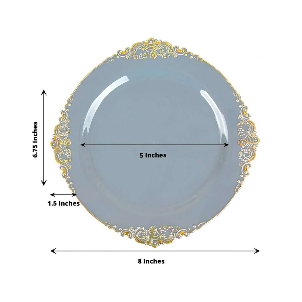 10-Pack Plastic 8" Round Dessert Plates in Dusty Blue with Gold Leaf Embossed Rim - Disposable Vintage Baroque Style Salad Plates