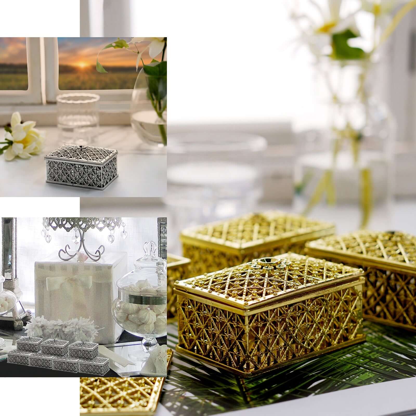 12-Pack Vintage Rectangular Candy Containers Gold - Decorative Hollow Favor Boxes for Jewelry 3"