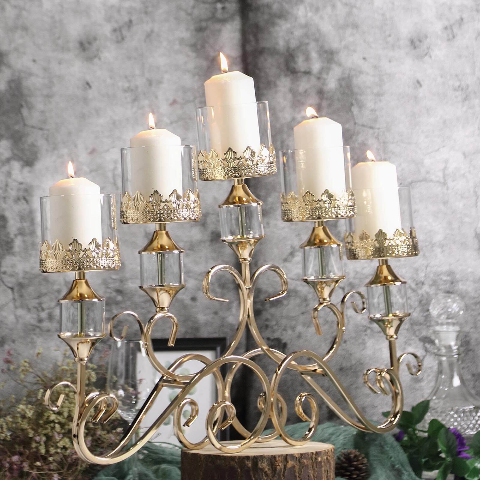 5-Arm Metal Table Candelabra Antique Gold Crown Top Design - Stylish Horizontal Table Centerpiece with Glass Votive Holders 18"