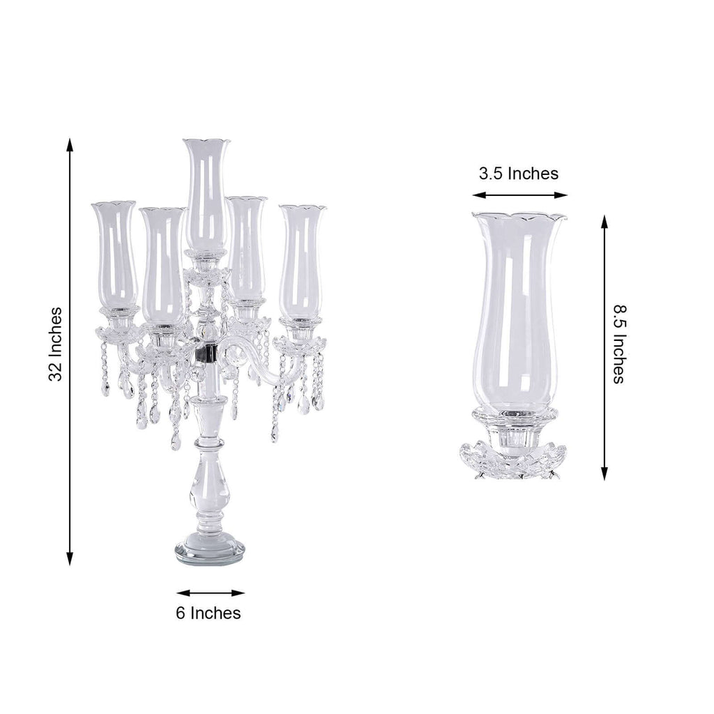 5 Arm Crystal Glass Taper Candle Holder Candelabra, Stylish Table Centerpiece With Chandelier Chains 32"