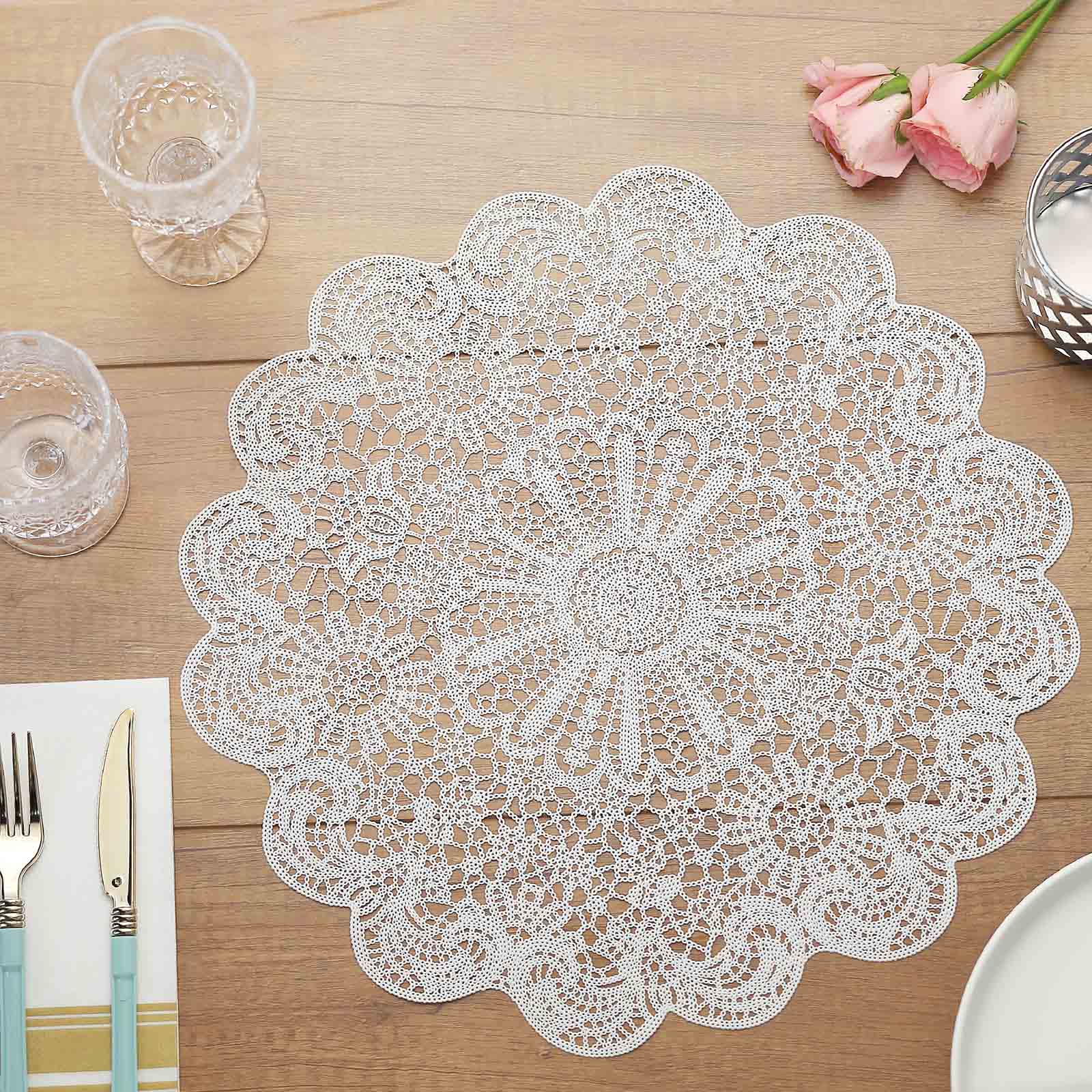 6-Pack Dining Table Mats Floral Lace Design White - Vinyl Non-Slip Surface with Vintage Appeal 15"