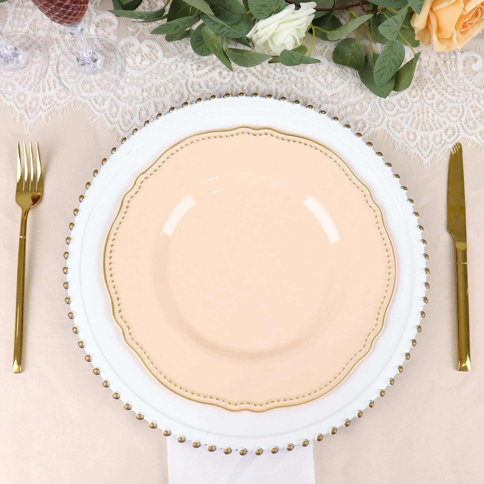 10-Pack Plastic 10" Dinner Plates in Nude with Gold Scalloped Rim - Disposable Large Party Plates