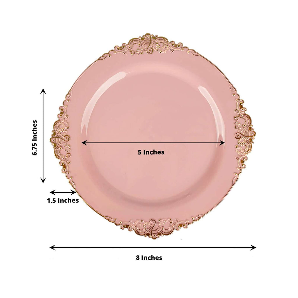 10-Pack Plastic 8" Round Dessert Plates in Dusty Rose with Gold Leaf Embossed Rim - Disposable Vintage Baroque Style Salad Plates
