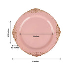 10-Pack Plastic 8" Round Dessert Plates in Dusty Rose with Gold Leaf Embossed Rim - Disposable Vintage Baroque Style Salad Plates