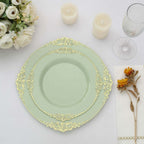 10-Pack Plastic 8" Round Dessert Plates in Sage Green with Gold Leaf Embossed Rim - Disposable Vintage Baroque Style Salad Plates