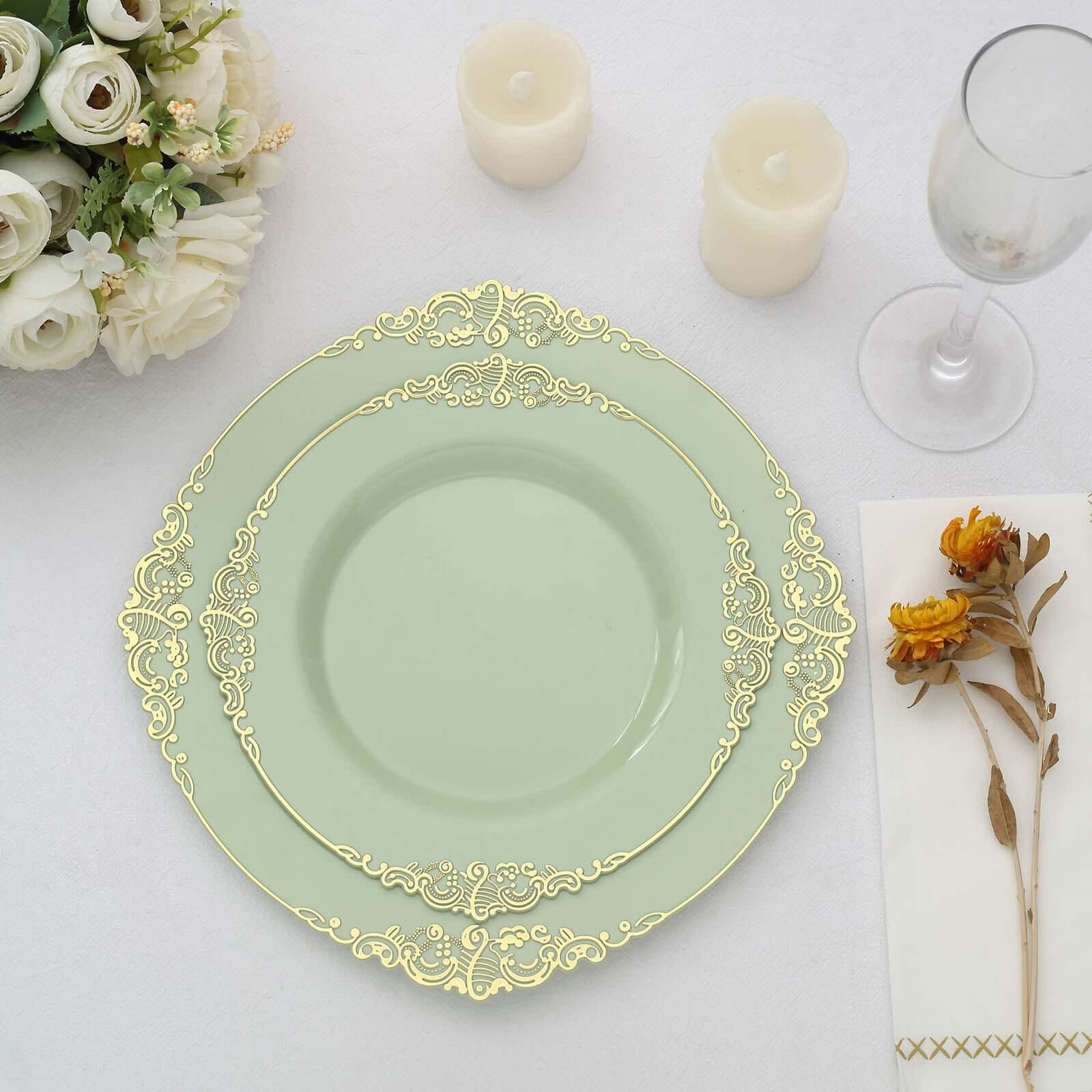 10-Pack Plastic 8" Round Dessert Plates in Sage Green with Gold Leaf Embossed Rim - Disposable Vintage Baroque Style Salad Plates